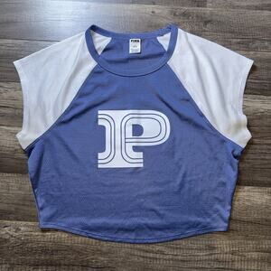 PINK Victoria's Secret Women's Blue White Mesh Cropped Active T-Shirt Large